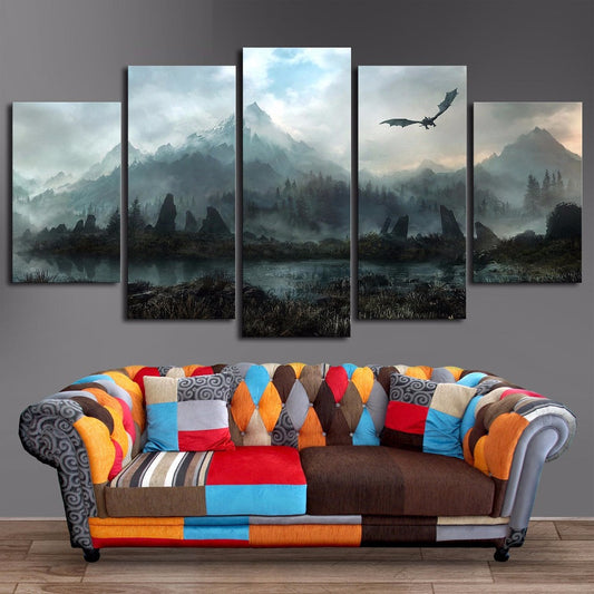 Game Of Thrones Dragon Skyrim Painting Framed 5 Piece Canvas Wall Art
