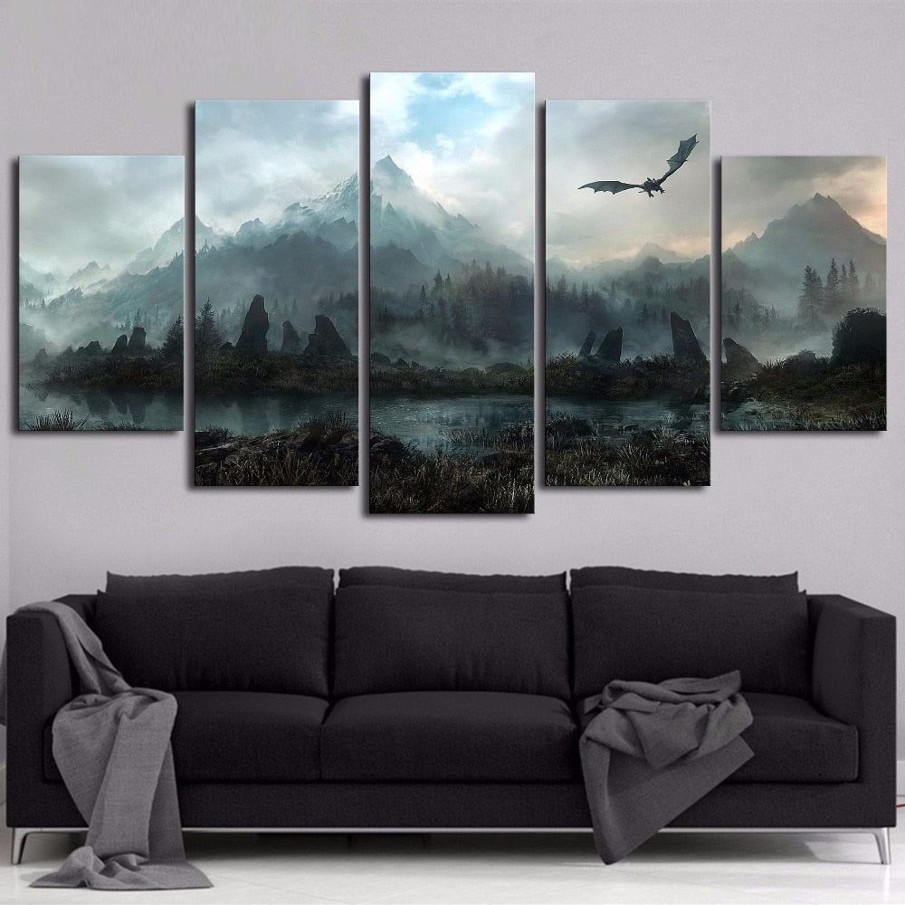 Game Of Thrones Dragon Skyrim Painting Framed 5 Piece Canvas Wall Art