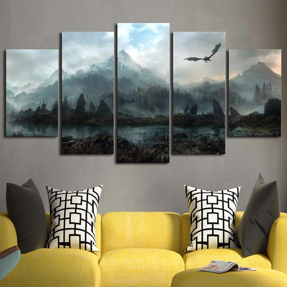 Game Of Thrones Dragon Skyrim Painting Framed 5 Piece Canvas Wall Art