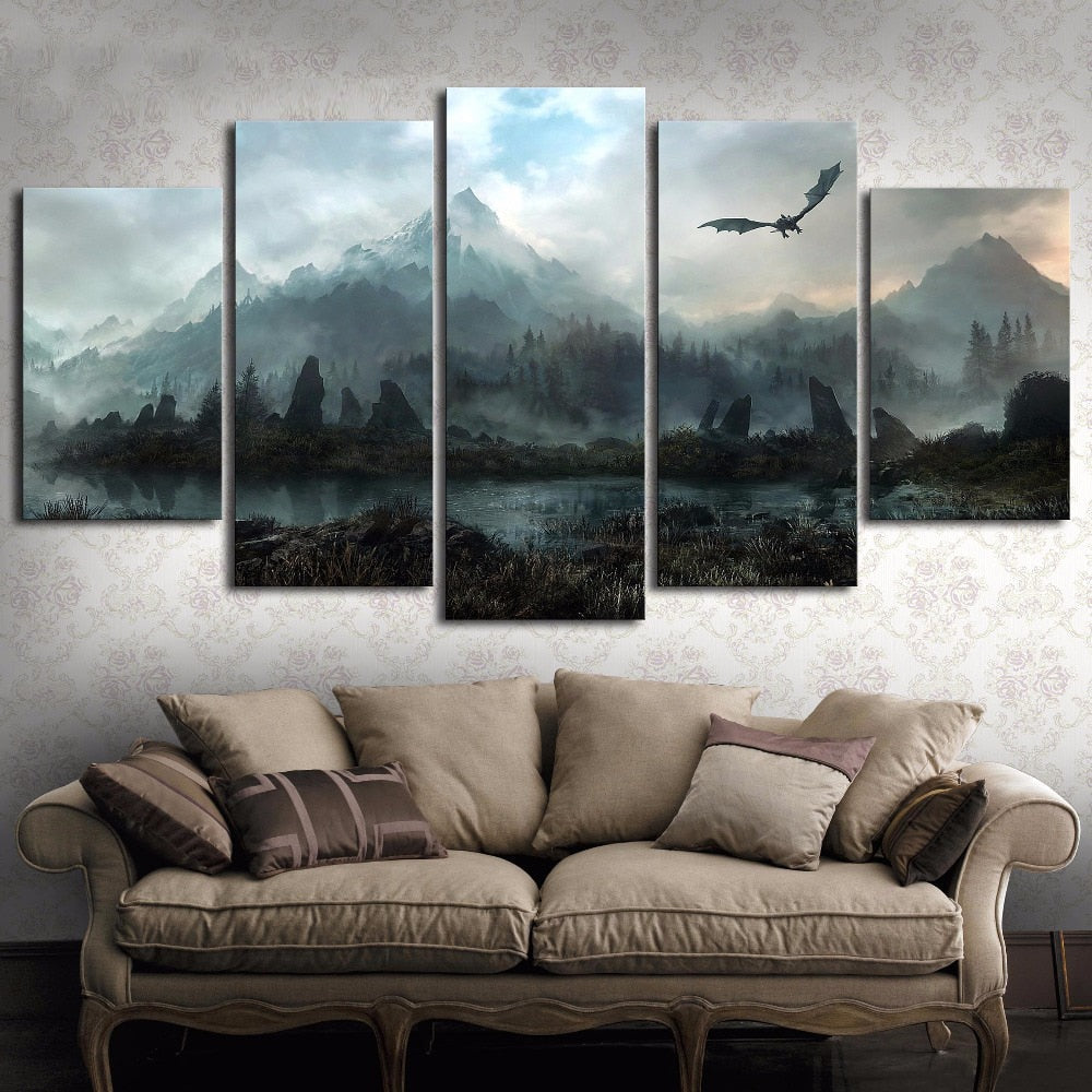Game Of Thrones Dragon Skyrim Painting Framed 5 Piece Canvas Wall Art