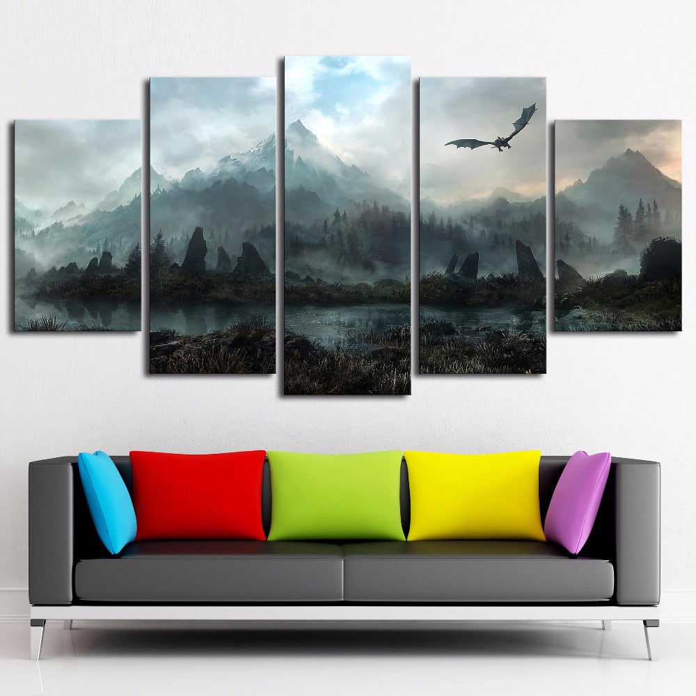 Game Of Thrones Dragon Skyrim Painting Framed 5 Piece Canvas Wall Art