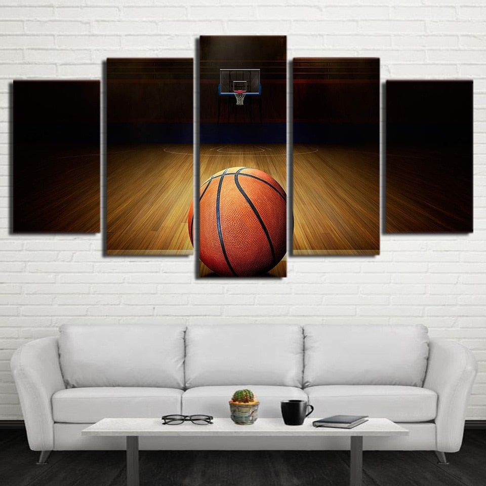 Basketball Sport Court & Net Framed 5 Piece Canvas Wall Art