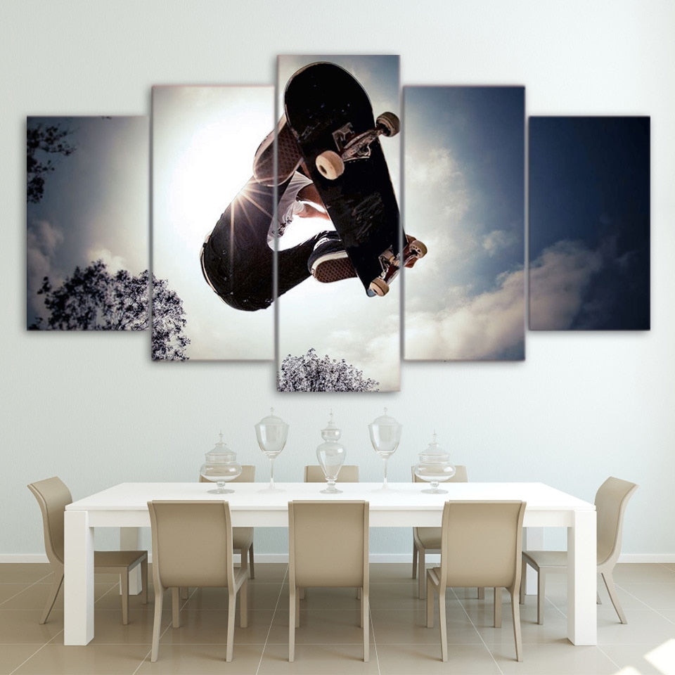 Skateboard In Sky With Trees Sports Framed 5 Piece Canvas Wall Art