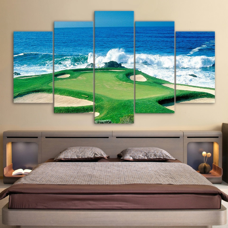 Golf Course Waves Crashing On Coast Framed 5 Piece Canvas Wall Art
