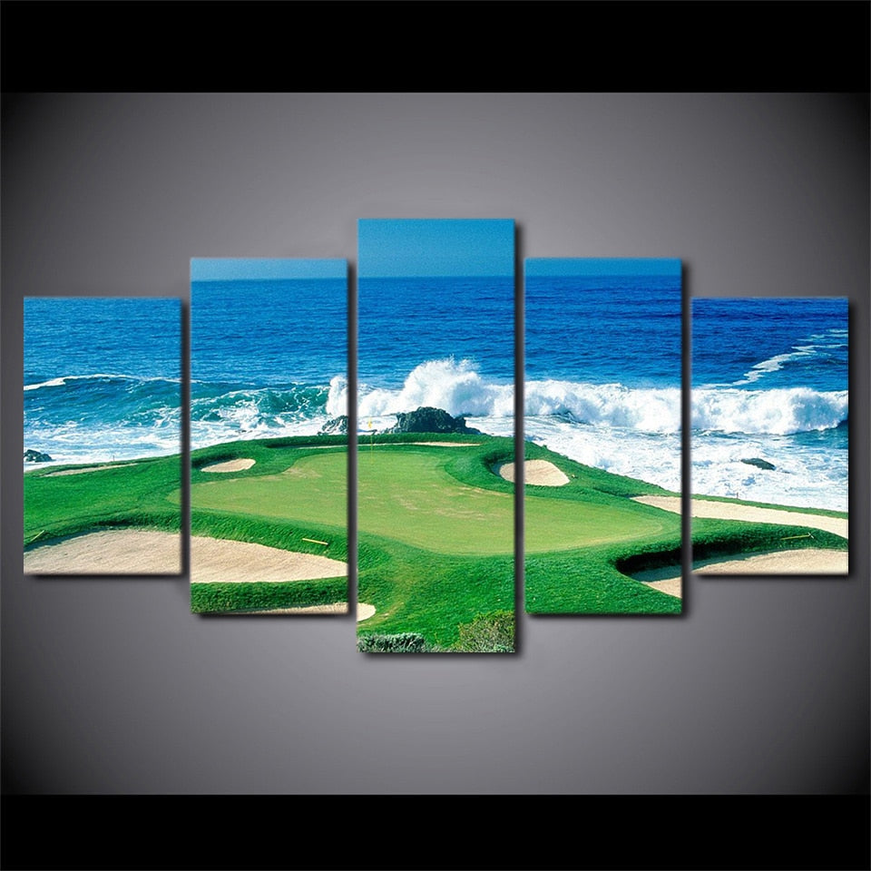 Golf Course Waves Crashing On Coast Framed 5 Piece Canvas Wall Art