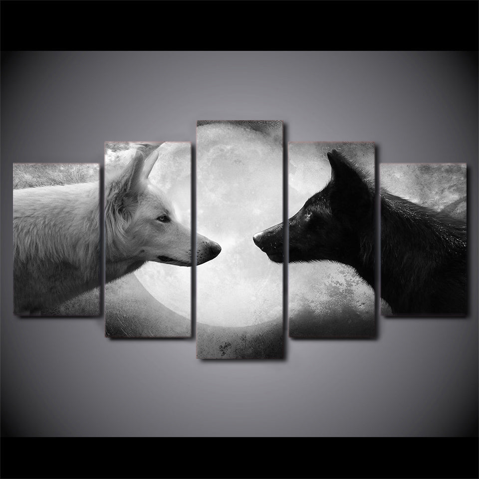 Black & White Wolves & Full Moon 5 Piece Canvas Wall Art