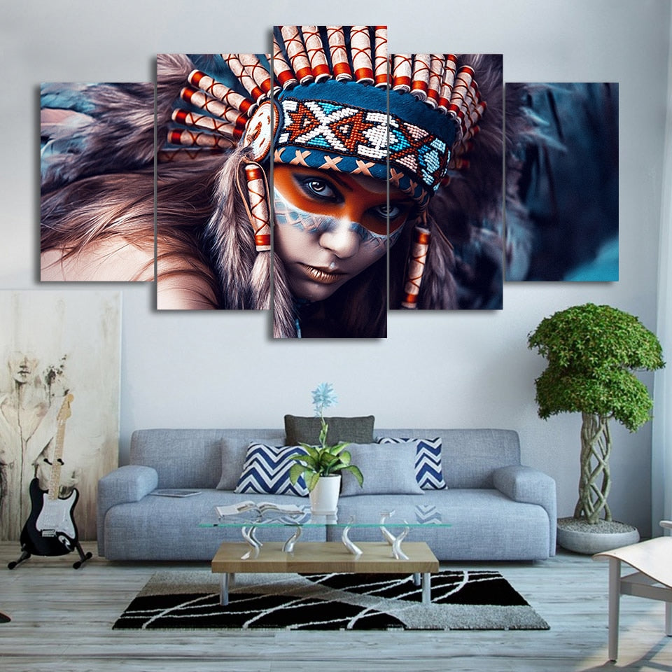 Native American Indian Girl Painting Framed 5 Piece Canvas Wall Art