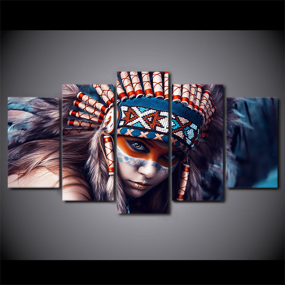 Native American Indian Girl Painting Framed 5 Piece Canvas Wall Art