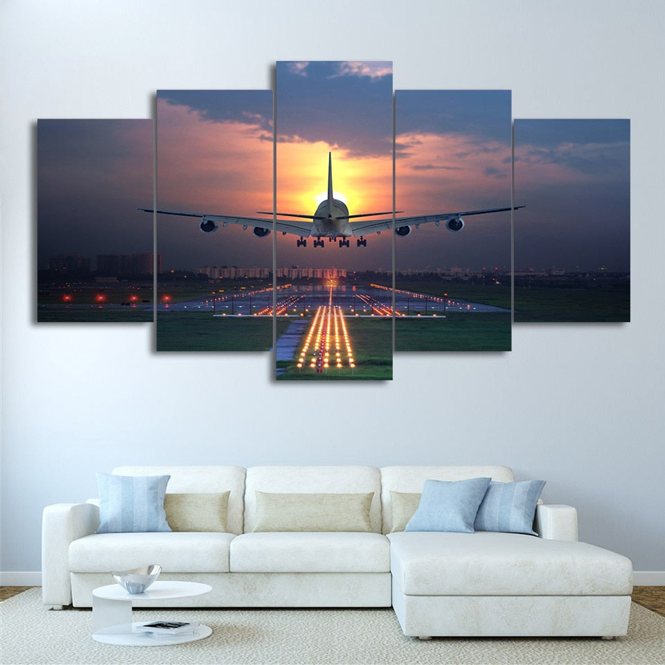Sunset Airplane Landing On Runway Framed 5 Piece Canvas Wall Art