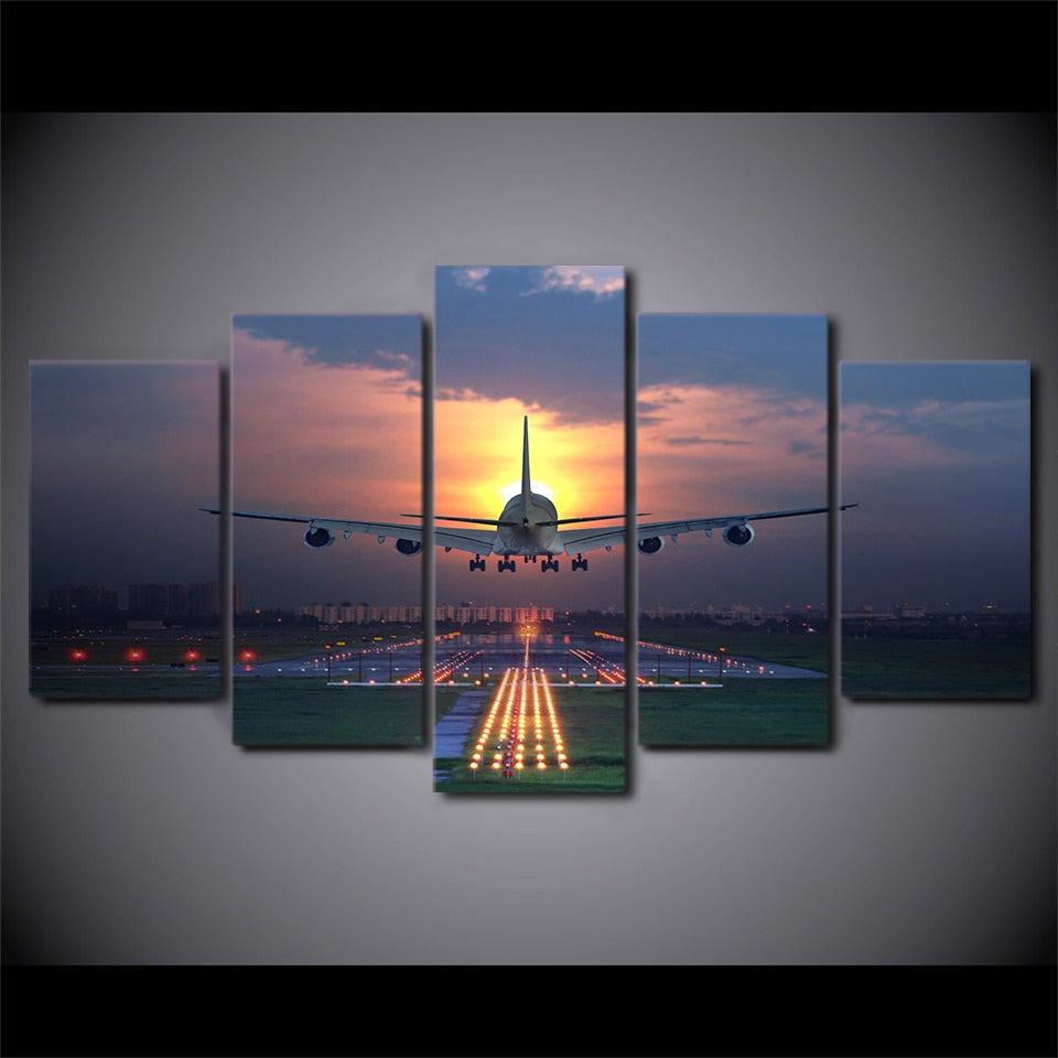Sunset Airplane Landing On Runway Framed 5 Piece Canvas Wall Art