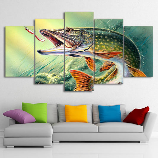 Fishing Hooked Pike Fish Framed 5 Piece Canvas Wall Art