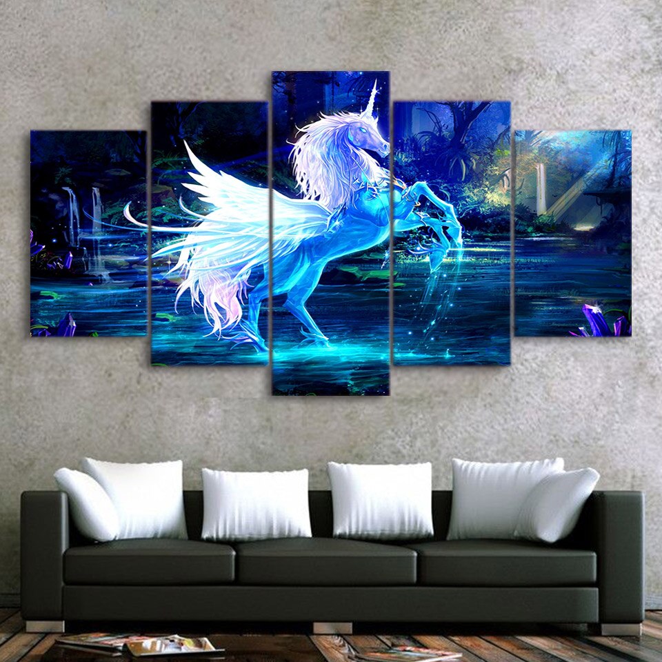 3D White & Blue Fantasy Unicorn Horse Framed 5 Piece Canvas Wall Art