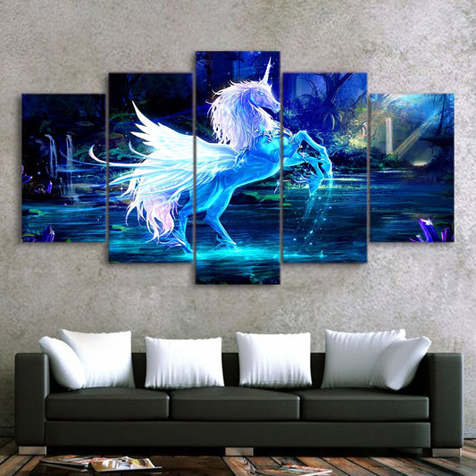 3D White & Blue Fantasy Unicorn Horse Framed 5 Piece Canvas Wall Art