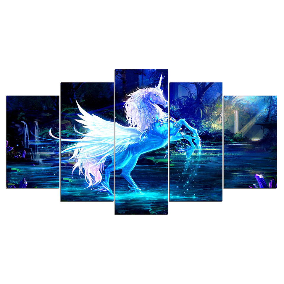 3D White & Blue Fantasy Unicorn Horse Framed 5 Piece Canvas Wall Art