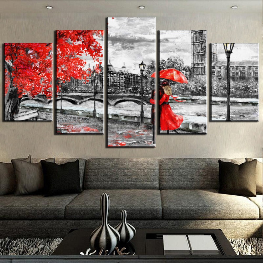 London Clock Tower Black & White With Red Tree & People Framed 5 Piece Canvas Wall Art
