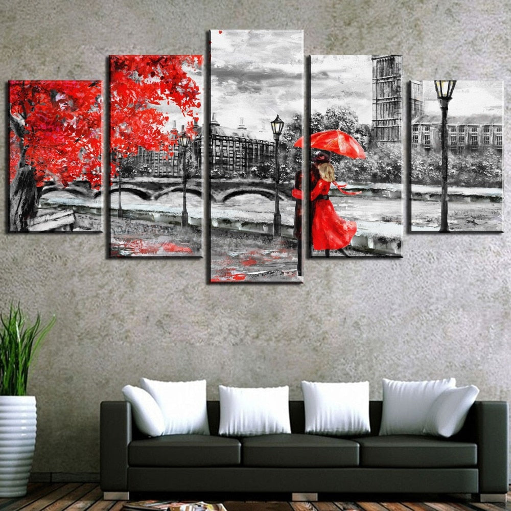 London Clock Tower Black & White With Red Tree & People Framed 5 Piece Canvas Wall Art