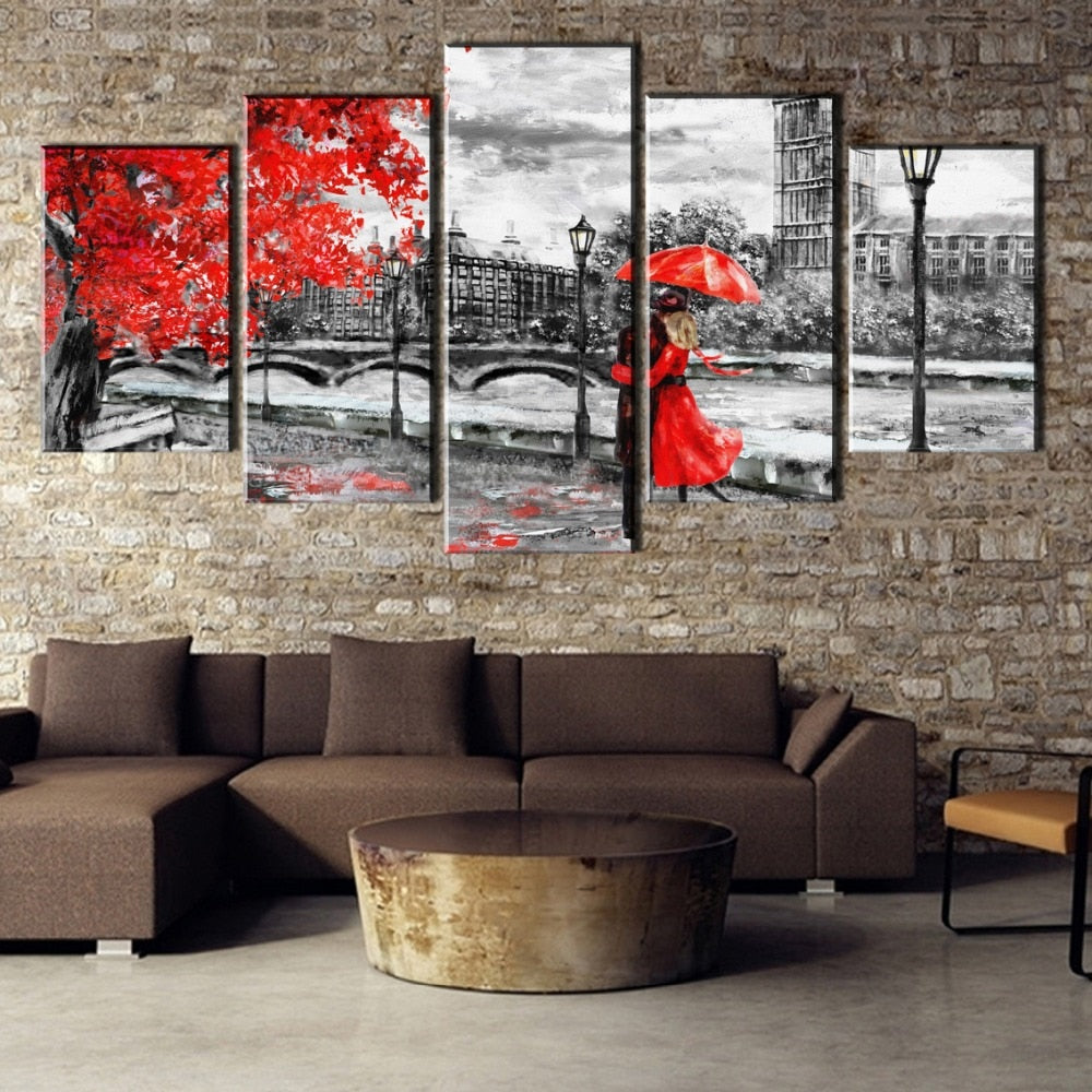 London Clock Tower Black & White With Red Tree & People Framed 5 Piece Canvas Wall Art