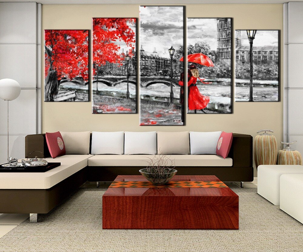 London Clock Tower Black & White With Red Tree & People Framed 5 Piece Canvas Wall Art