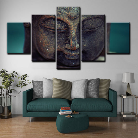 Buddha Face Statue Framed 5 Piece Canvas Wall Art