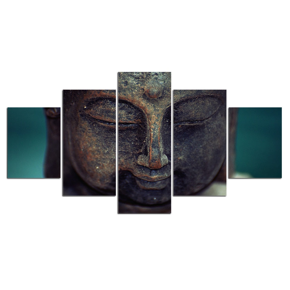 Buddha Face Statue Framed 5 Piece Canvas Wall Art