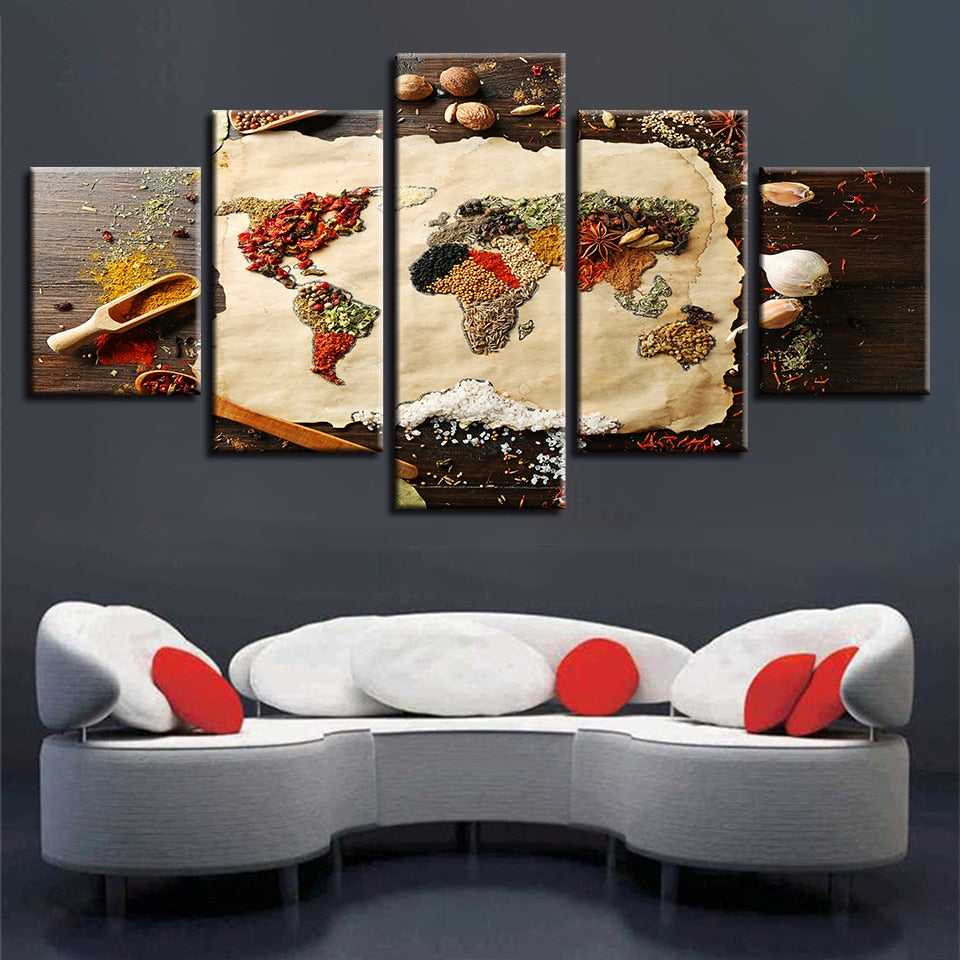 Grains & Spices World Earth Globe Map Framed 5 Piece Canvas Wall Art