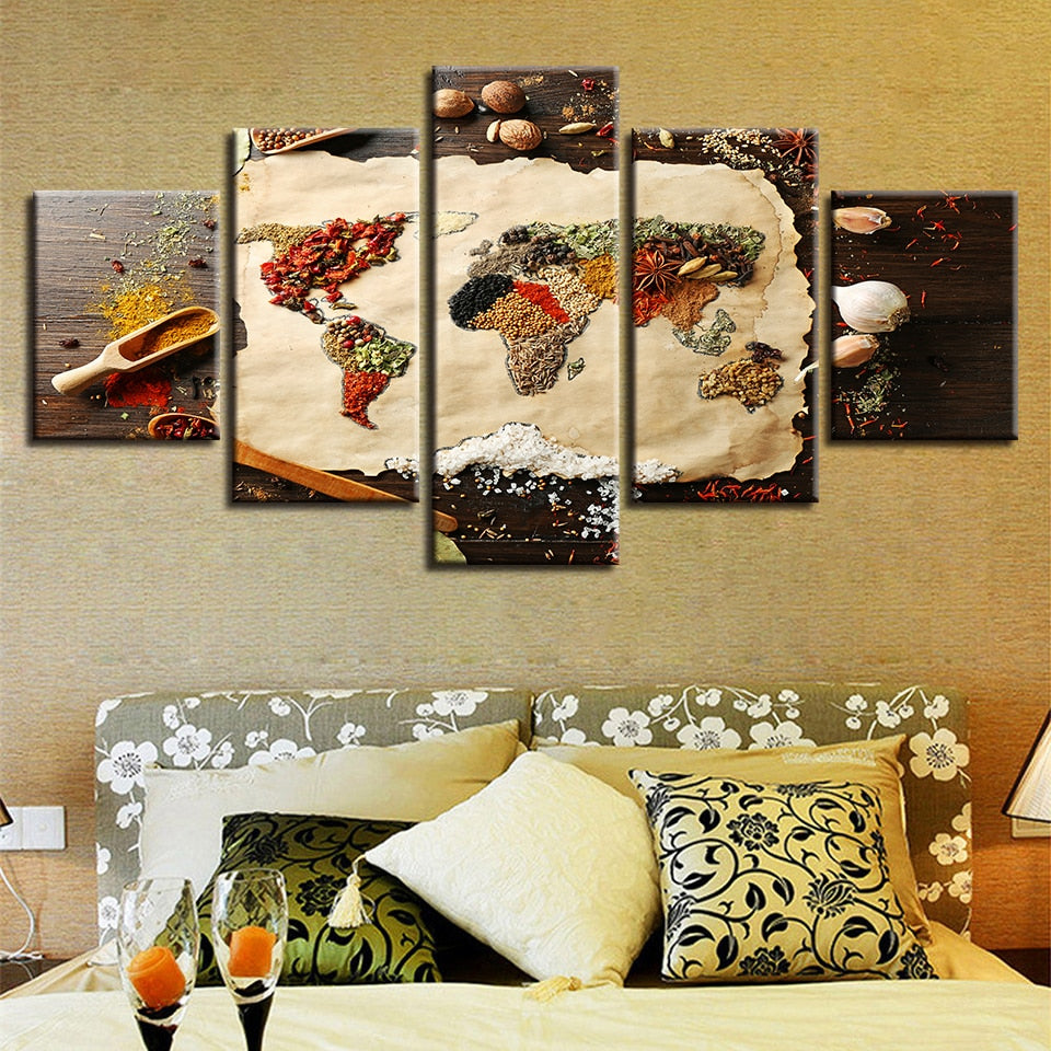 Grains & Spices World Earth Globe Map Framed 5 Piece Canvas Wall Art