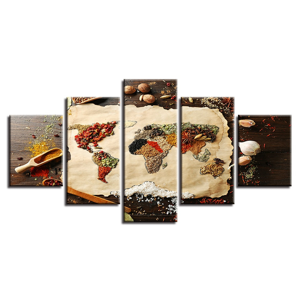 Grains & Spices World Earth Globe Map Framed 5 Piece Canvas Wall Art