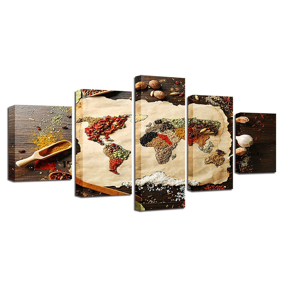 Grains & Spices World Earth Globe Map Framed 5 Piece Canvas Wall Art