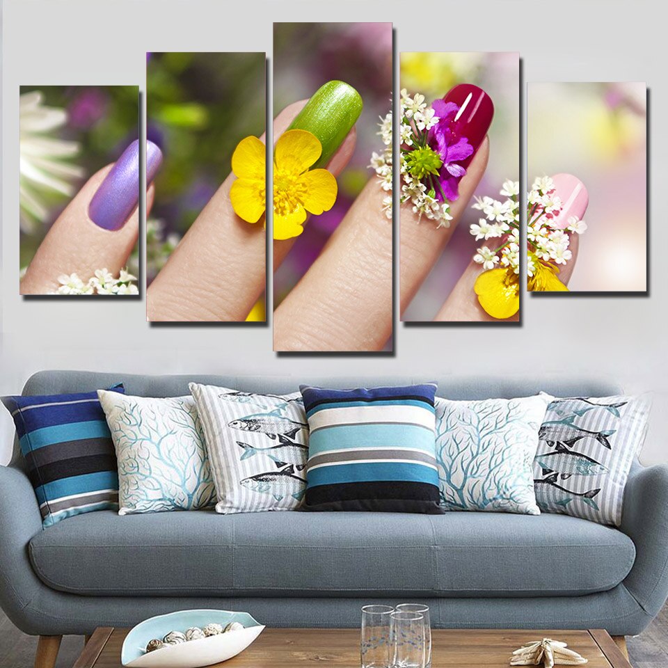 Beauty Salon Manicure Colorful Flower Woman Nails Framed 5 Piece Canvas Wall Art