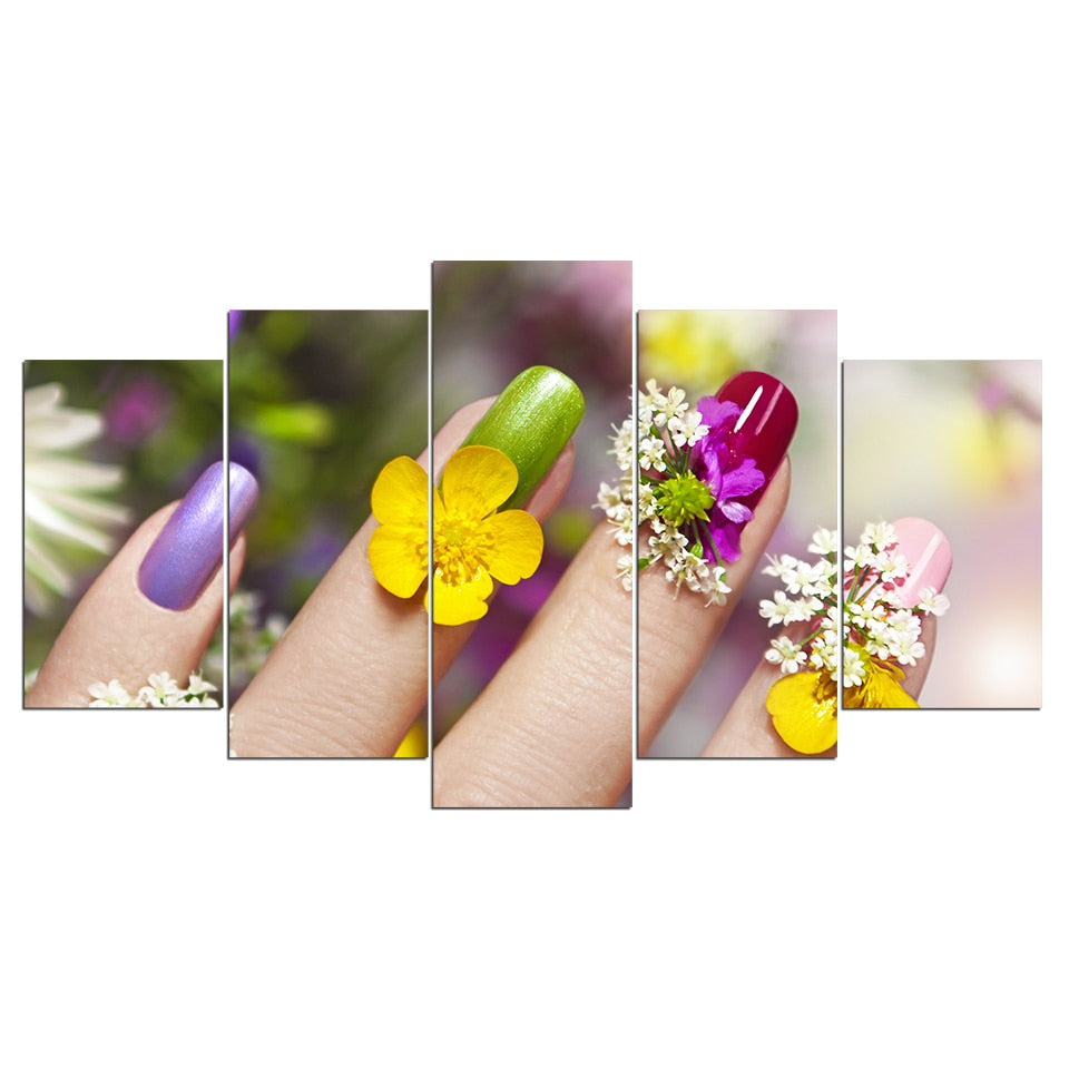 Beauty Salon Manicure Colorful Flower Woman Nails Framed 5 Piece Canvas Wall Art
