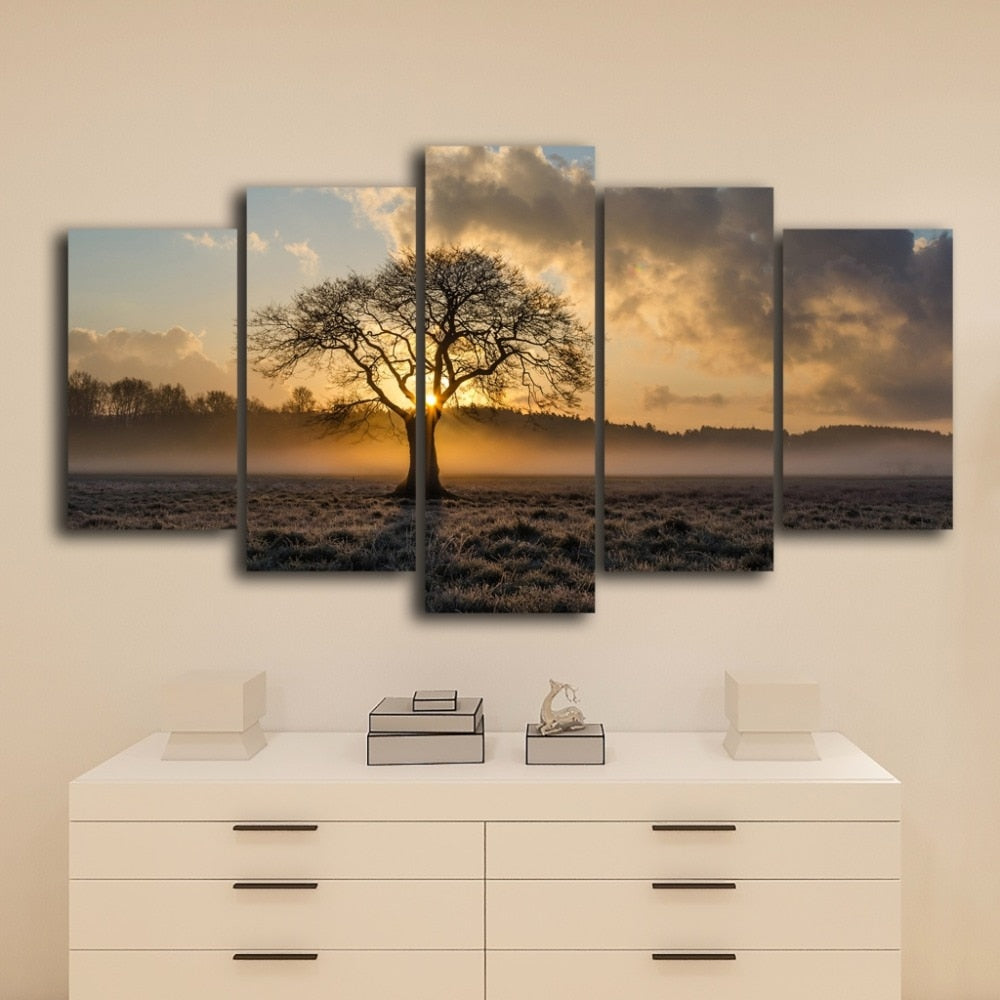 Beautiful Sunrise Tree & Clouds Framed 5 Piece Canvas Wall Art
