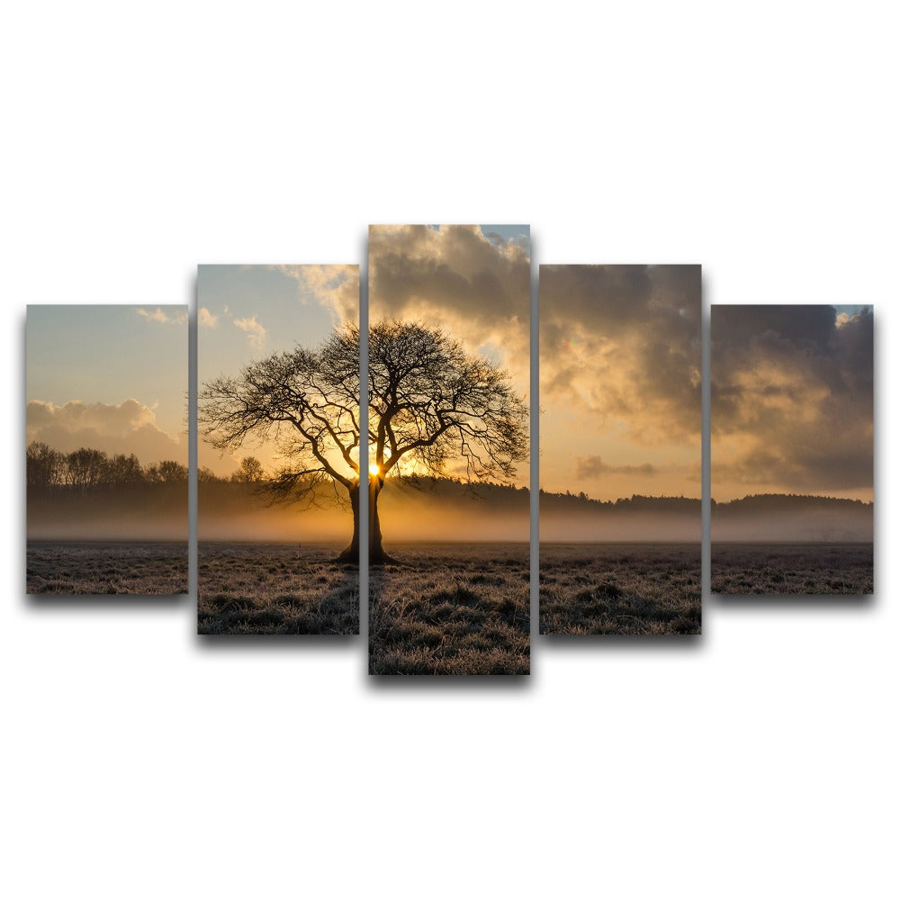 Beautiful Sunrise Tree & Clouds Framed 5 Piece Canvas Wall Art