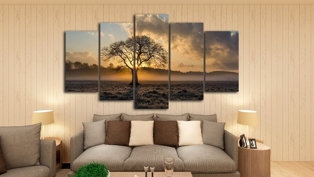 Beautiful Sunrise Tree & Clouds Framed 5 Piece Canvas Wall Art