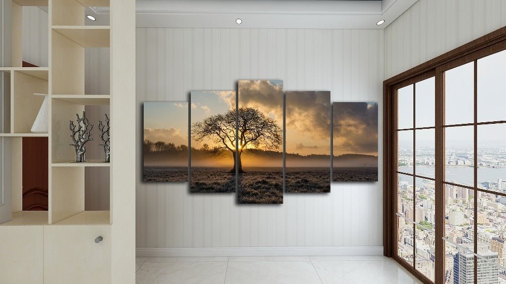Beautiful Sunrise Tree & Clouds Framed 5 Piece Canvas Wall Art