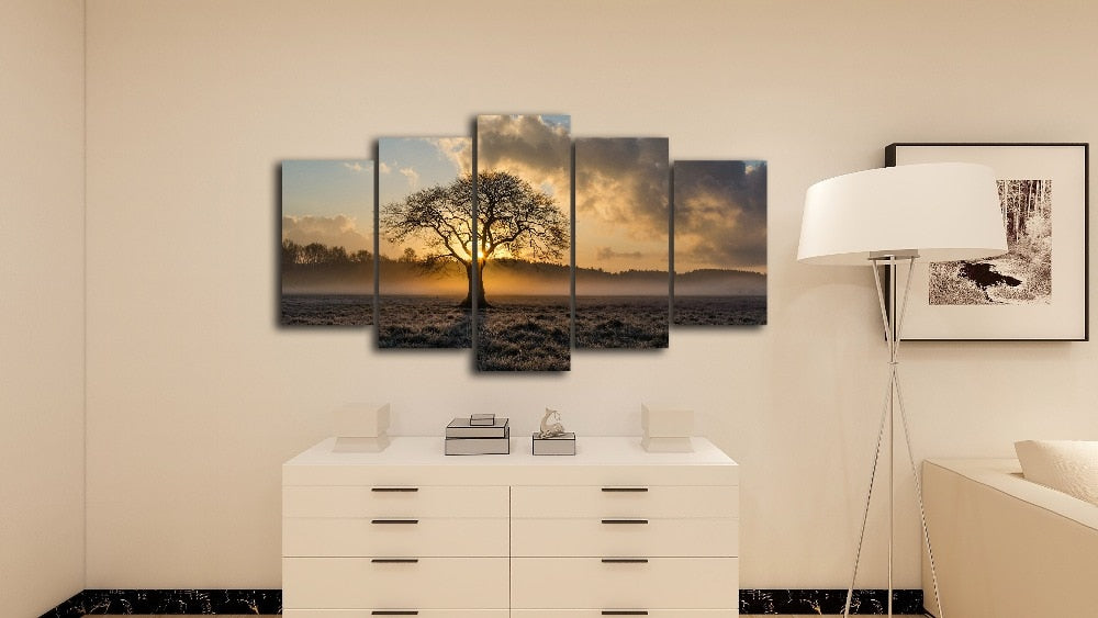 Beautiful Sunrise Tree & Clouds Framed 5 Piece Canvas Wall Art