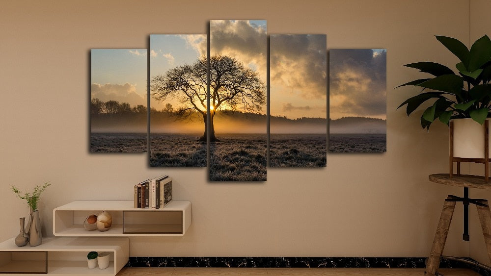 Beautiful Sunrise Tree & Clouds Framed 5 Piece Canvas Wall Art