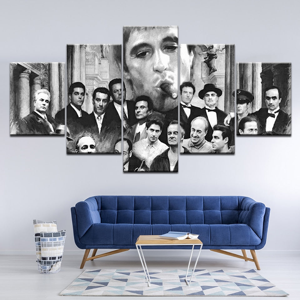 Godfather Goodfellas Scarface Sopranos Black & White Gangster Movies Framed 5 Piece Canvas Wall Art