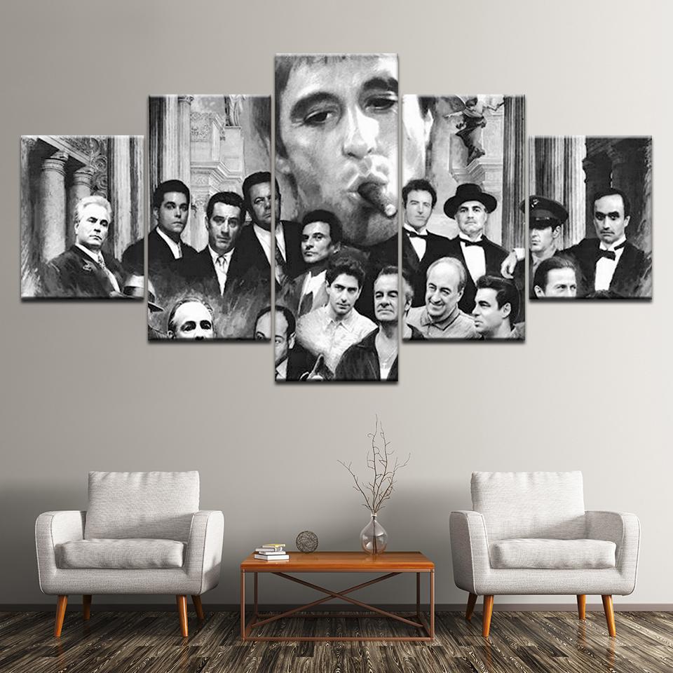 Godfather Goodfellas Scarface Sopranos Black & White Gangster Movies Framed 5 Piece Canvas Wall Art