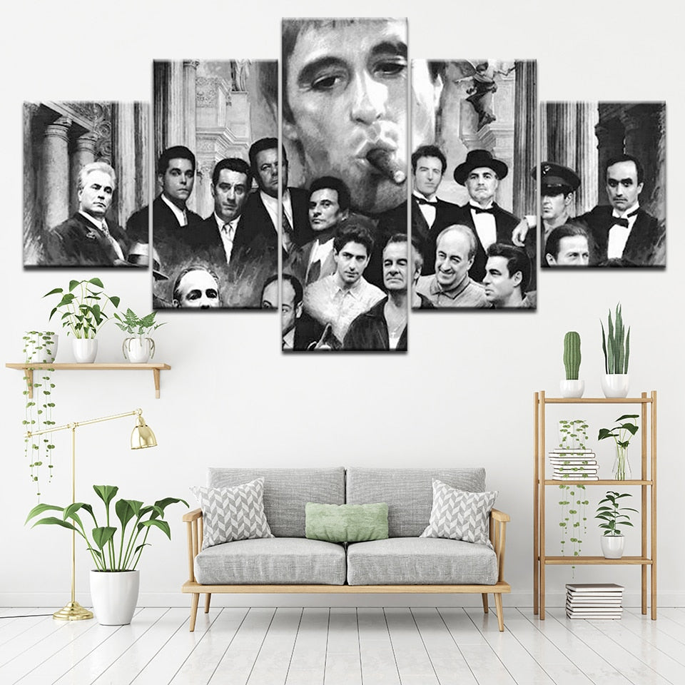 Godfather Goodfellas Scarface Sopranos Black & White Gangster Movies Framed 5 Piece Canvas Wall Art