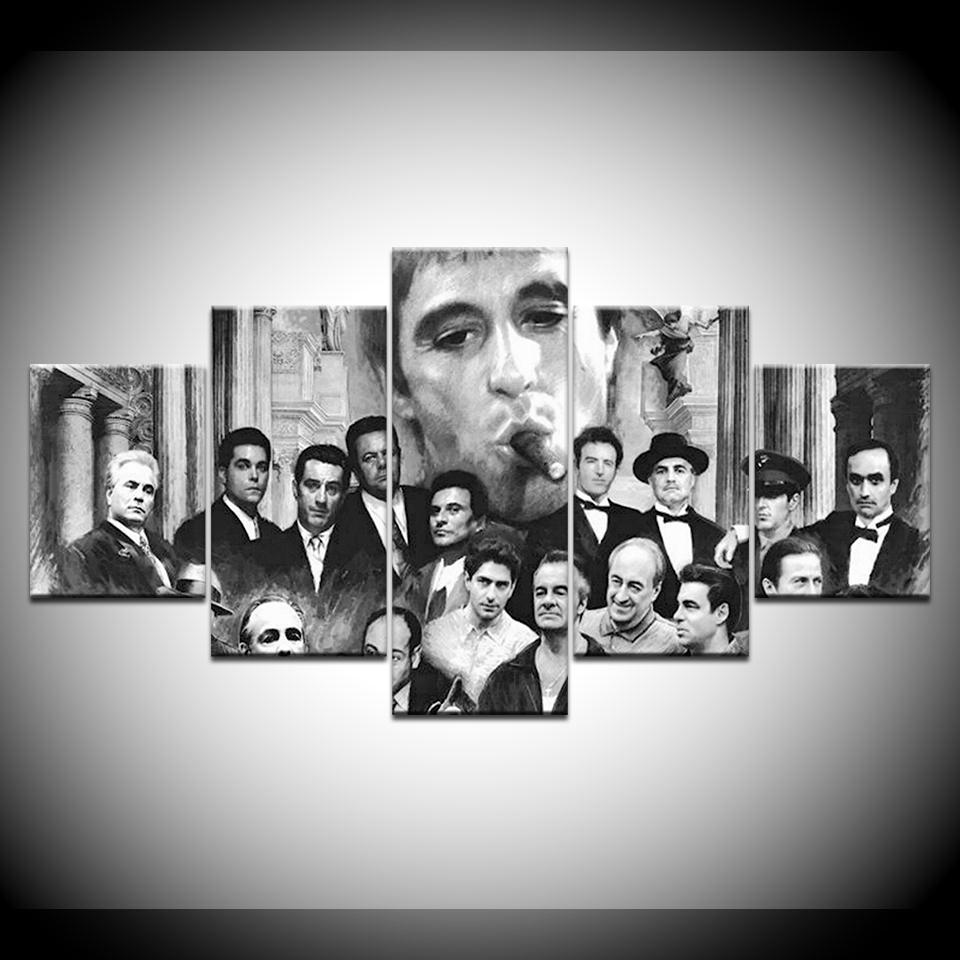 Godfather Goodfellas Scarface Sopranos Black & White Gangster Movies Framed 5 Piece Canvas Wall Art