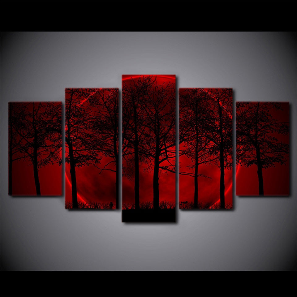 Red Sun Halo Forest Trees Framed 5 Piece Canvas Wall Art