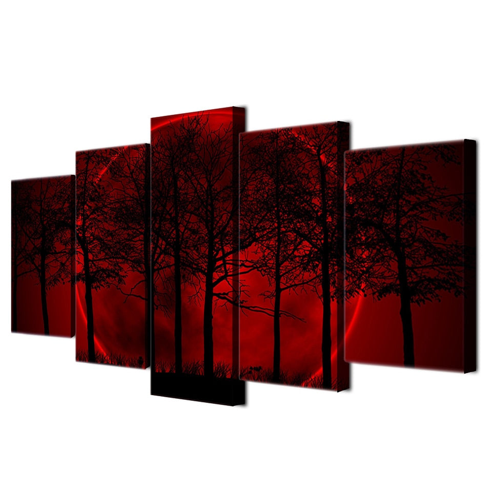 Red Sun Halo Forest Trees Framed 5 Piece Canvas Wall Art
