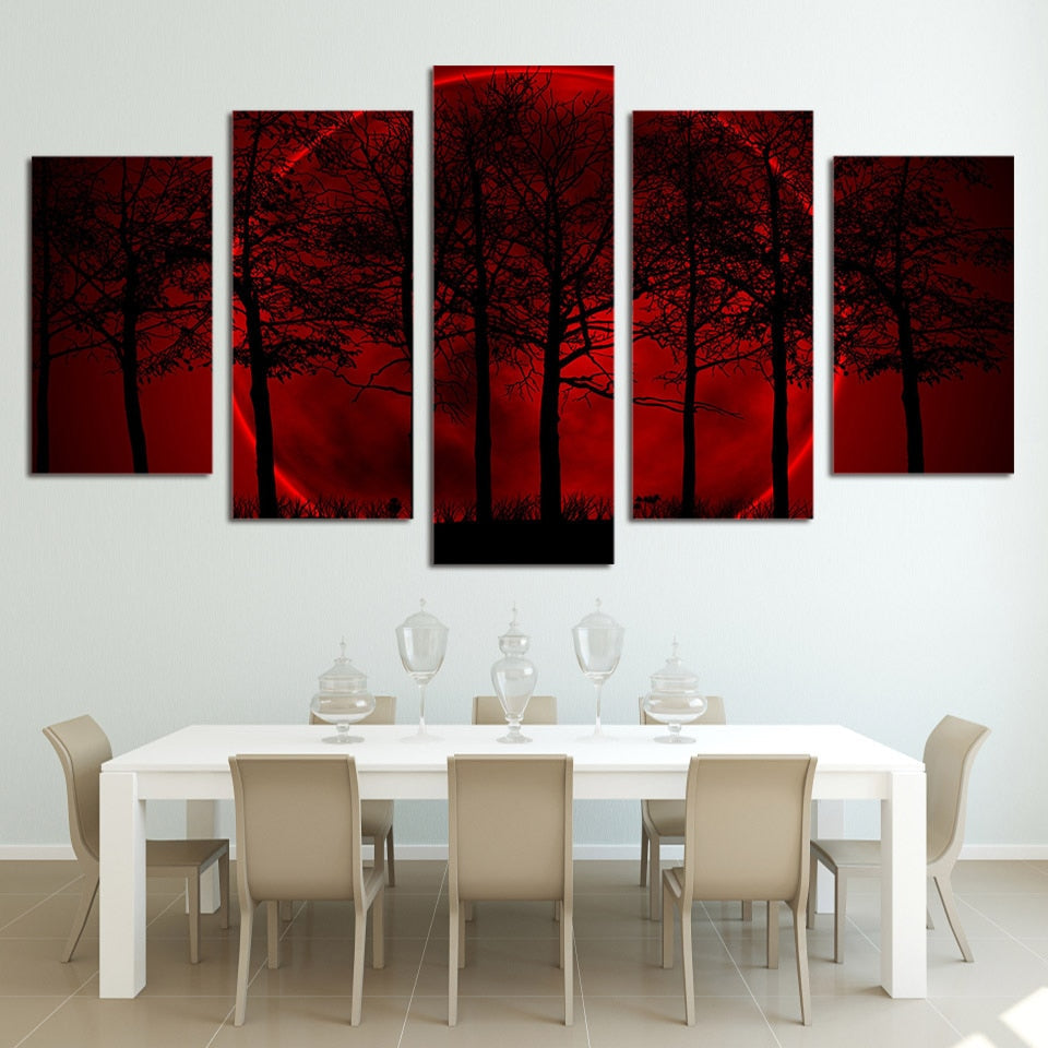 Red Sun Halo Forest Trees Framed 5 Piece Canvas Wall Art