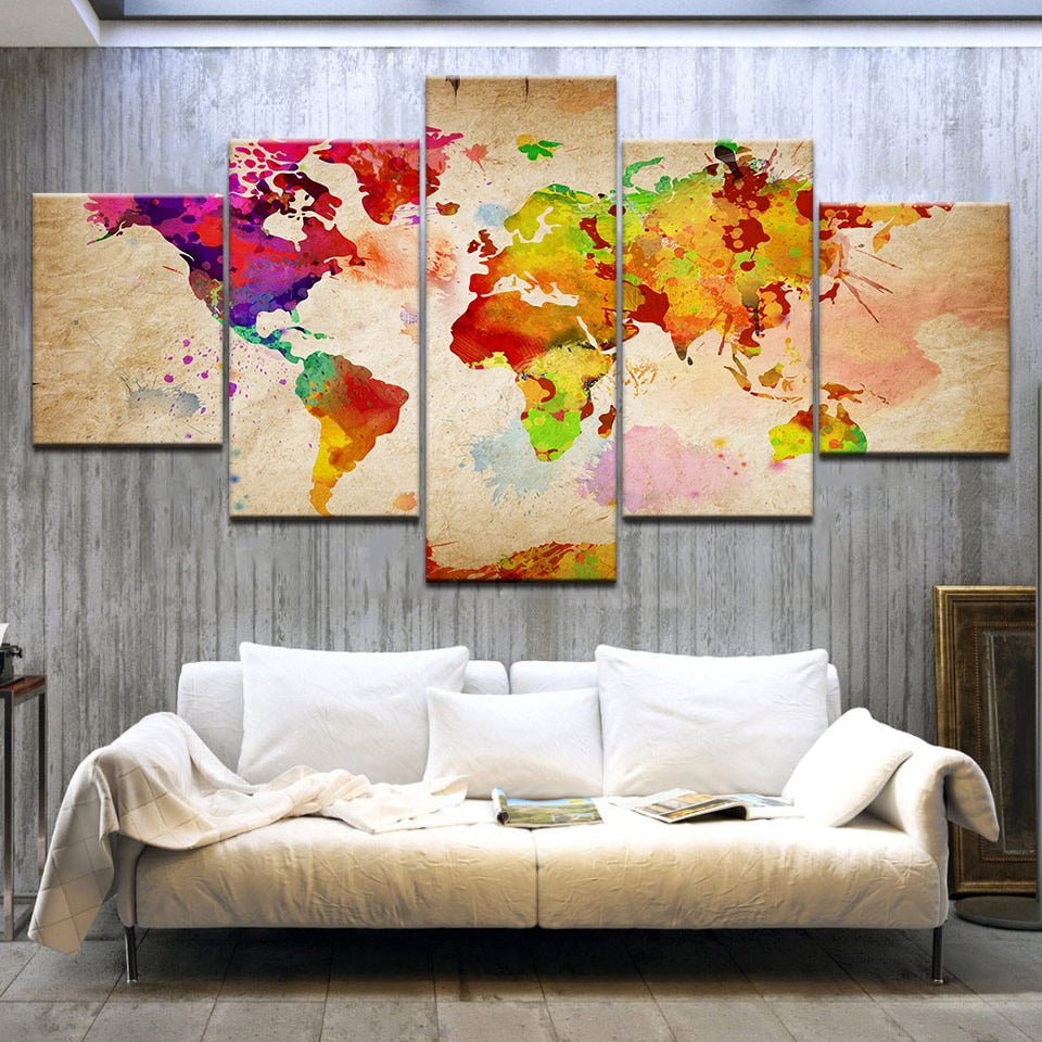 Retro Vintage World Earth Globe Map Framed 5 Piece Canvas Wall Art