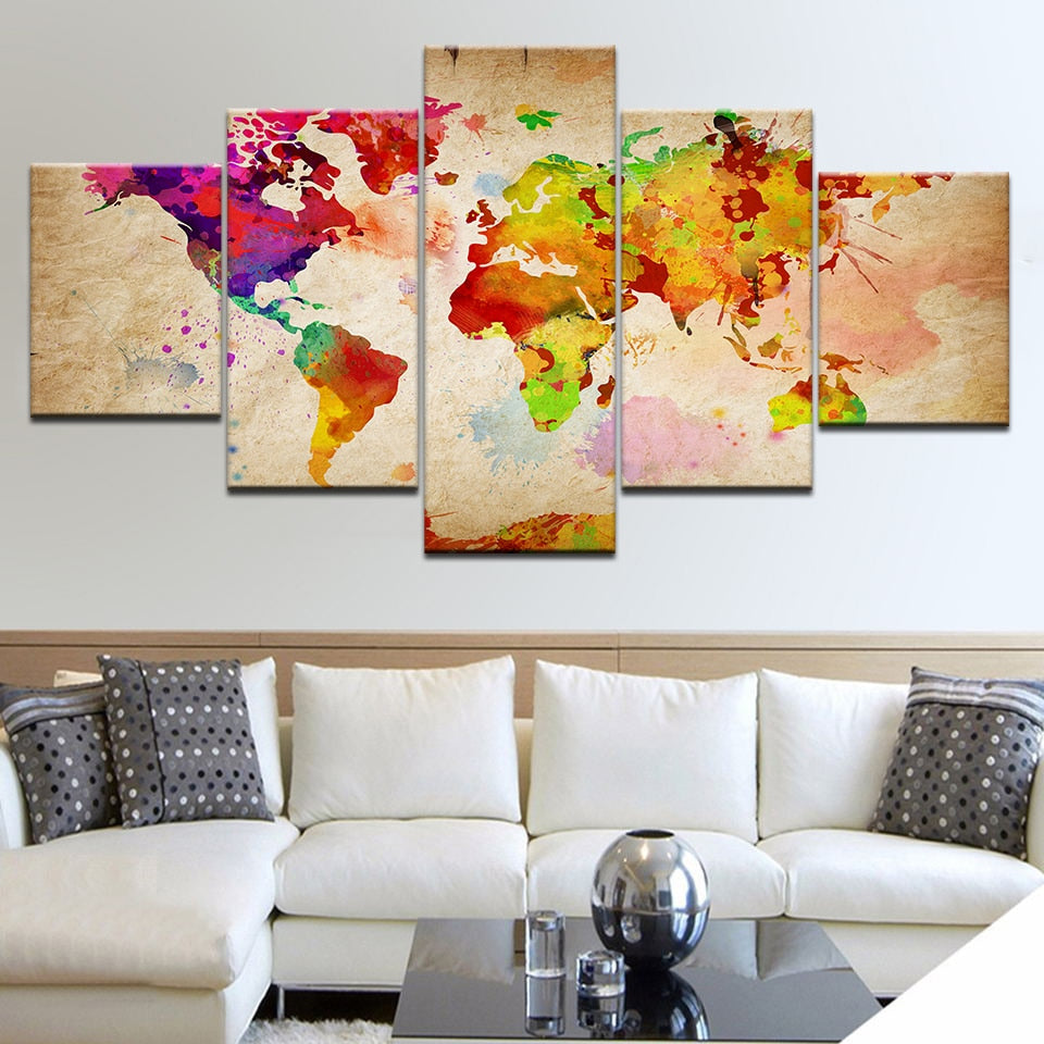 Retro Vintage World Earth Globe Map Framed 5 Piece Canvas Wall Art