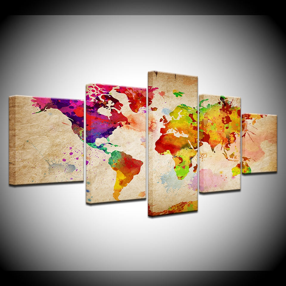 Retro Vintage World Earth Globe Map Framed 5 Piece Canvas Wall Art