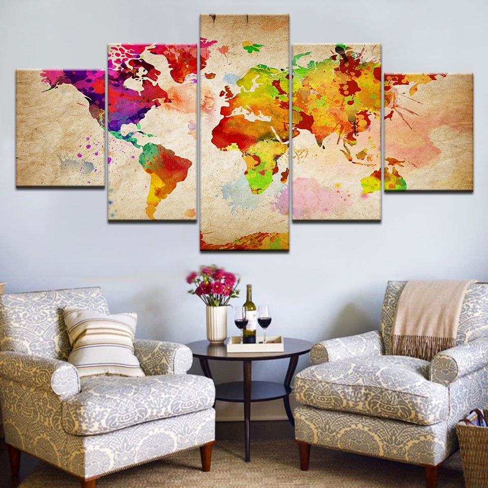 Retro Vintage World Earth Globe Map Framed 5 Piece Canvas Wall Art