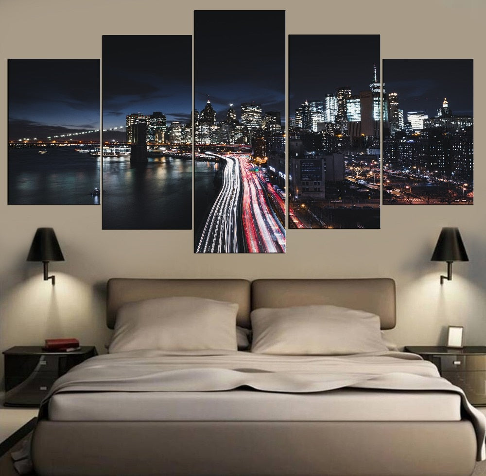Manhattan New York City USA America Cityscape Skyline Night Traffic Framed 5 Piece Canvas Wall Art