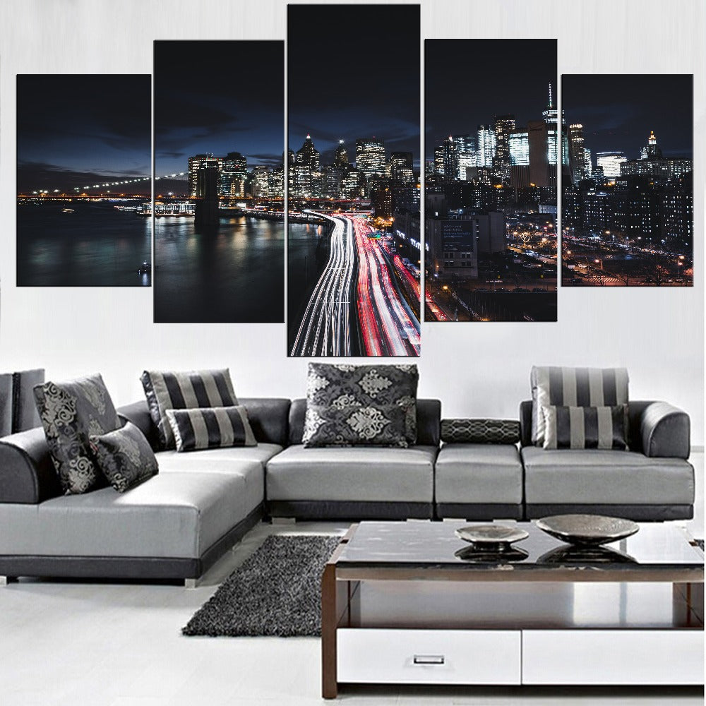 Manhattan New York City USA America Cityscape Skyline Night Traffic Framed 5 Piece Canvas Wall Art
