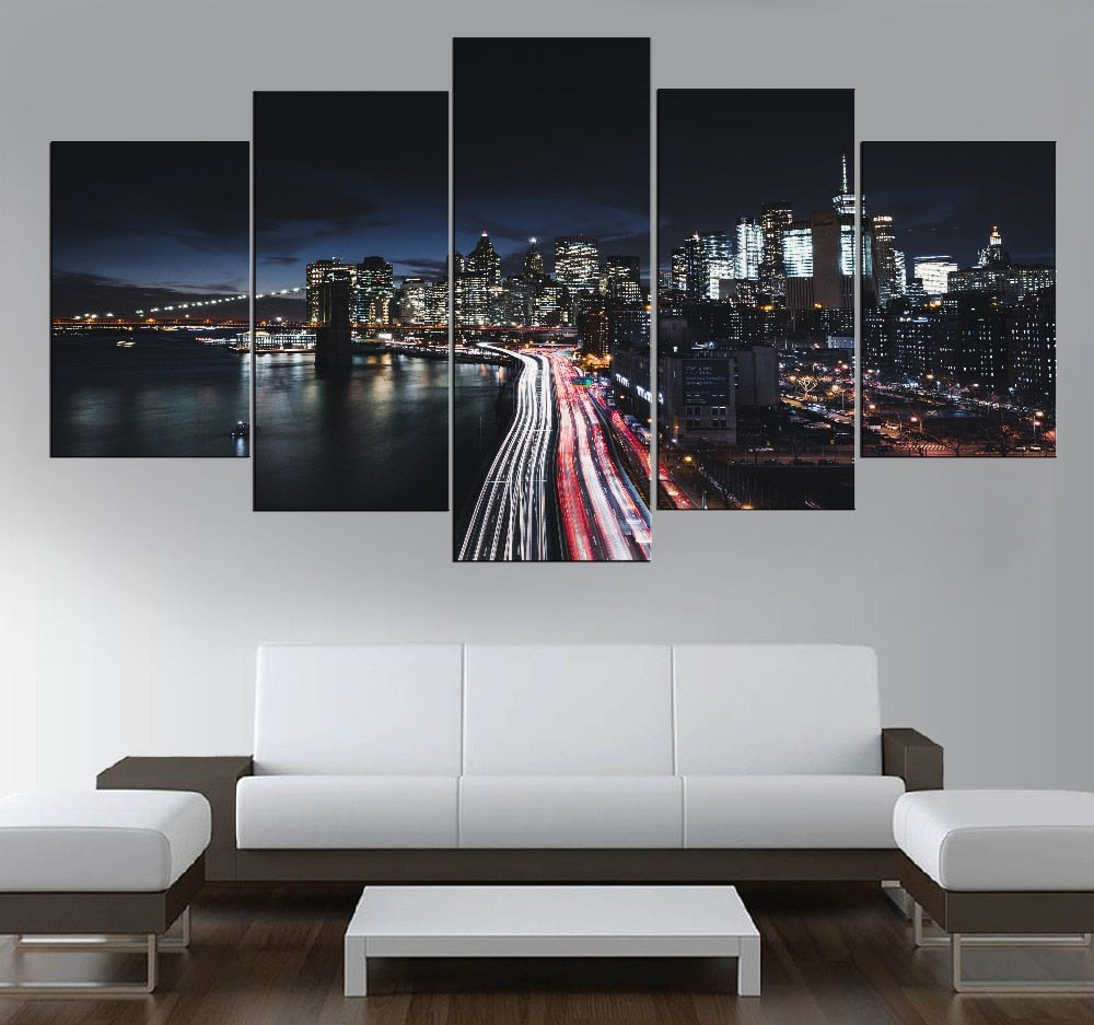 Manhattan New York City USA America Cityscape Skyline Night Traffic Framed 5 Piece Canvas Wall Art